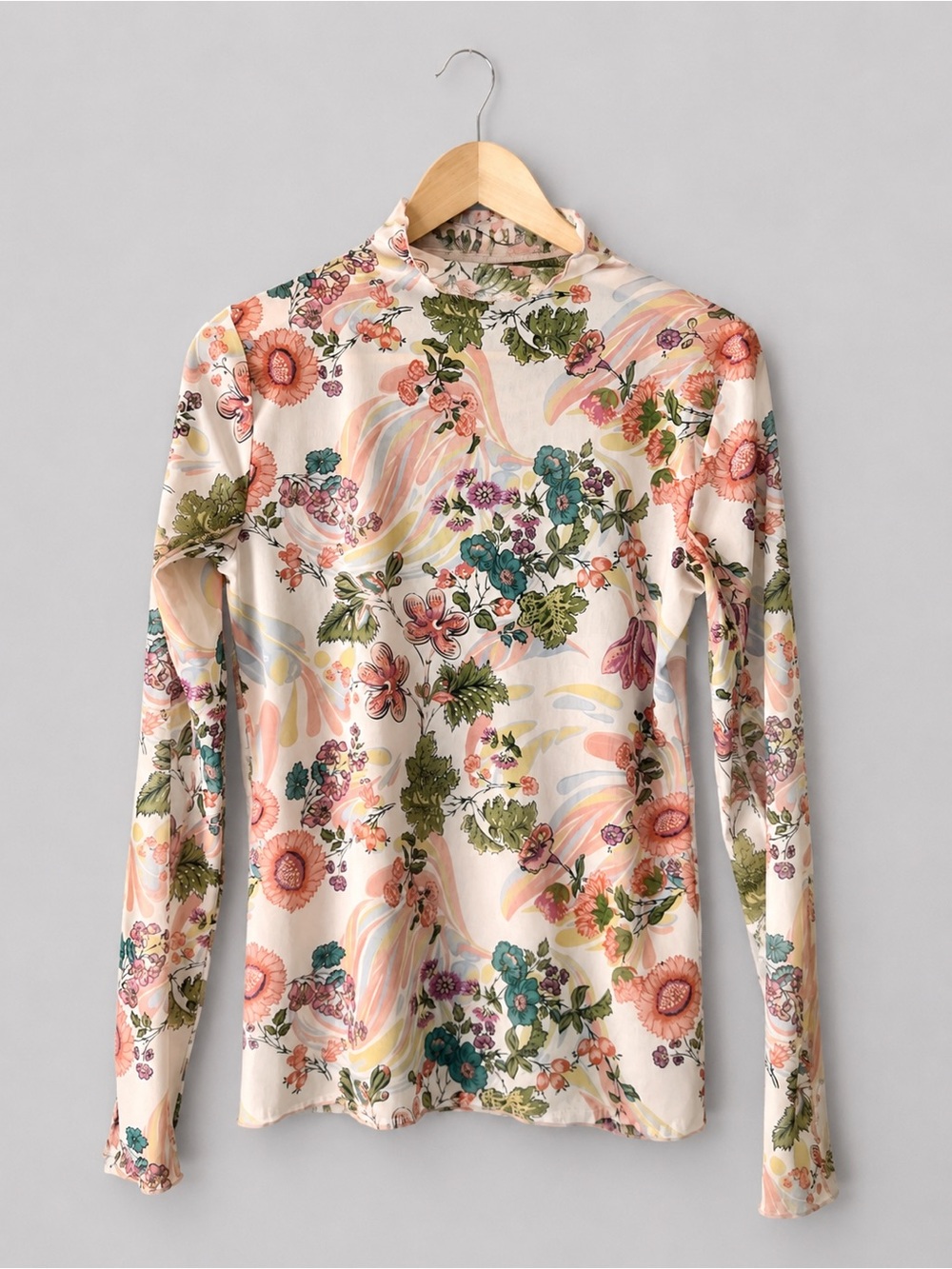 Daily Practice Floral Mesh Mock Neck Top Sheer Long Sleeve Boho Blouse